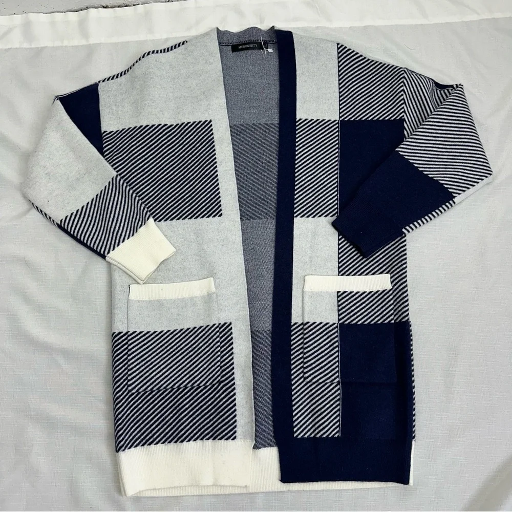 Merokeety Women’s size Large Gray and Blue Open Long Cardigan Sweater - Picture 8 of 10
